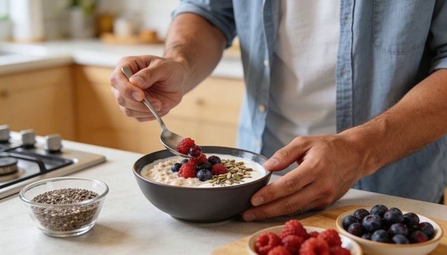 Man placing fresh berries and seeds on creamy overnight oats bowl for healthy breakfast
