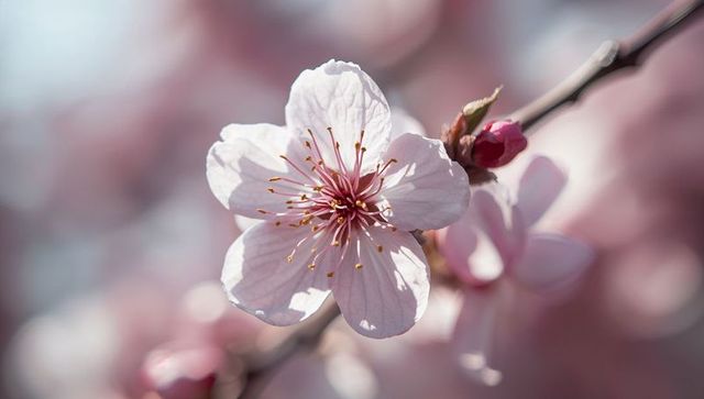 Delicate pale pink cherry blossom macro showing stamens and bud on branch