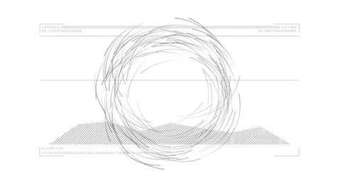 Circling scribble diagram with hatched waveform band and minimal guide lines for tech design