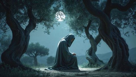Hooded figure contemplating in moonlit forest grove evoking jesus' solitude