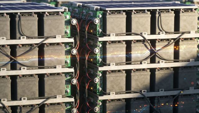 Vertical battery module bank powering rooftop solar array with metal racking and wiring