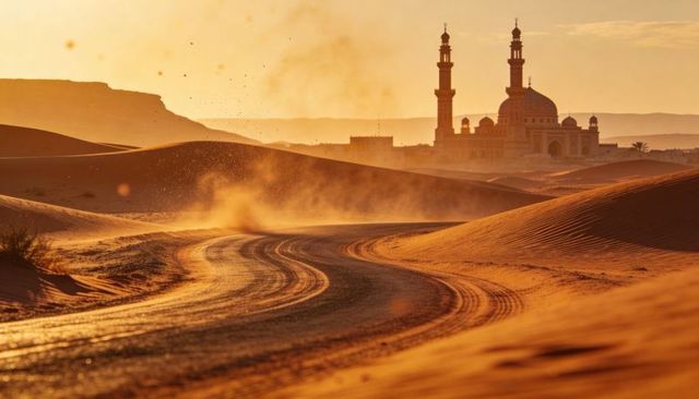 Winding tire-tracked desert road leading through golden dunes toward mosque silhouette at sunset glo
