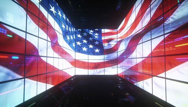 Immersive wraparound led wall displaying waving american flag in futuristic chamber