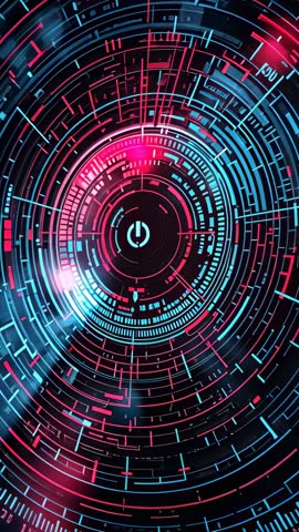 Activating Futuristic HUD Interface Spinning Neon Rings Pulsing Power Icon Vertical Video