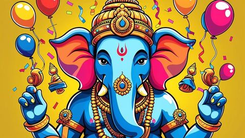 Colorful Celebration with Ganesha Holding Balloons