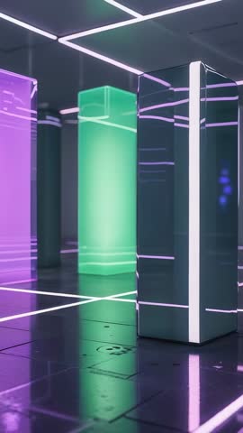 Vertical Pan Revealing Neon Grid and Reflective Pillars in Futuristic Minimalist Hall