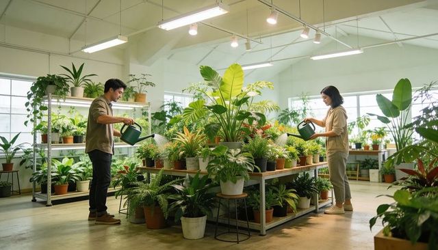 Couple watering lush indoor plant display in bright urban nursery