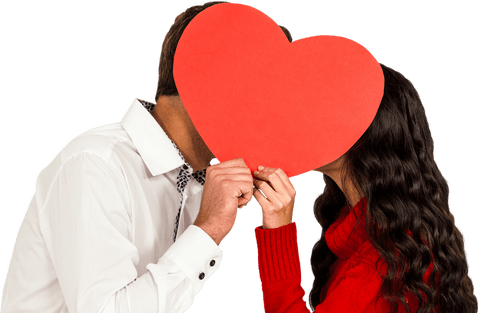 Couple Covering Faces with Transparent Red Paper Heart