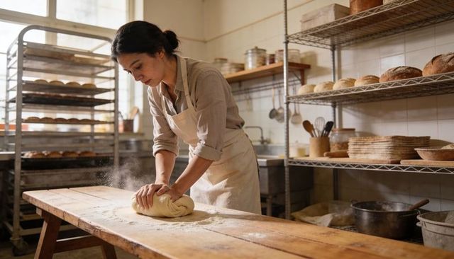 Artisan baker kneading sourdough dough on wooden bench in sunlit bakery kitchen