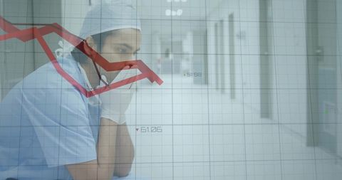 Stressed Doctor in Hospital with Economic Graph Overlay
