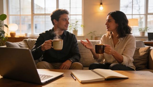 Couple chatting over coffee at home with laptop and notebook, cozy living room scene