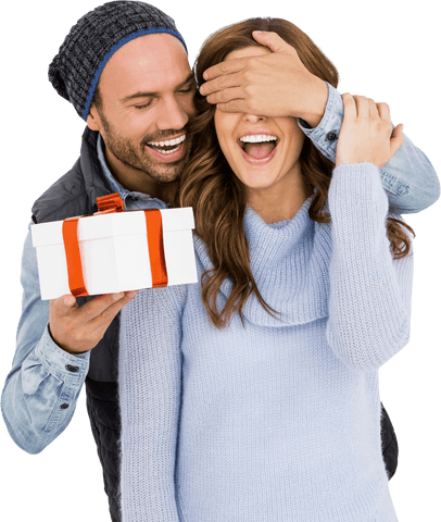 Happy Couple with Surprise Gift On Transparent Background