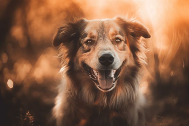 This cheerful dog with fluffy fur is captured outdoors during the golden hour. The warm sunlight enhances the dog's joyful expression. Perfect for use in pet care advertisements, inspirational posters, social media posts about pets, or any content that requires a friendly, feel-good image of a dog in natural surroundings.