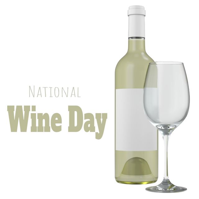 Illustration of national wine day text with wine bottle and glass over white background, copy space. digitally generated image, national wine day, celebration, alcohol and drink.