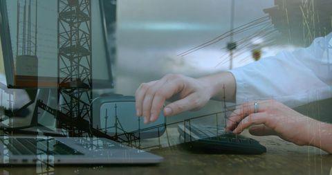 Double Exposure of Typing Woman Overlapping Construction Site - Download Free Stock Images Pikwizard.com