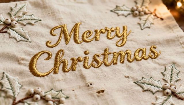 Embroidering gold merry christmas on cream textile with festive holly beads and warm lights