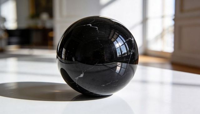 Glossy black marble sphere reflecting window grid casting shadow on white tabletop
