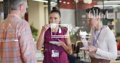 Caucasian Colleagues Discussing at Modern Office with Digital Overlay