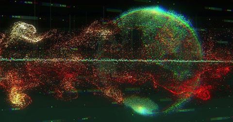Rotating holographic particle globe pulsing with neon data stream and glitch effects