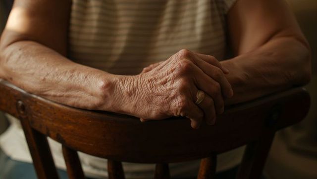 Senior hands clasping wooden chair back, showing wrinkles, ring, warm portrait lighting