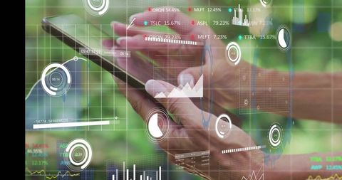 Woman tapping tablet in garden with transparent finance dashboard and analytics overlays