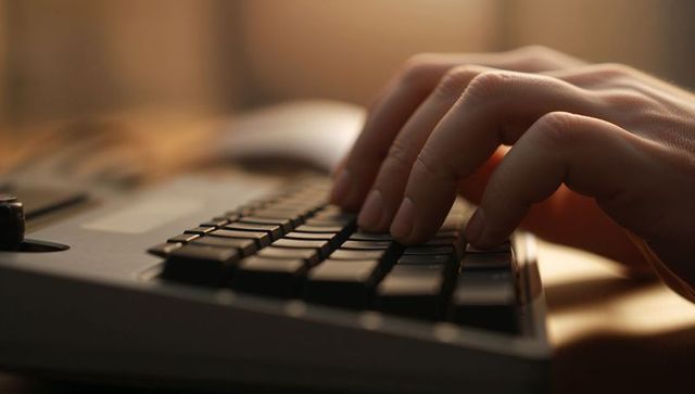 Typing Closeup with Warm Backlight and Focused Hands Pressing Keys for Productivity