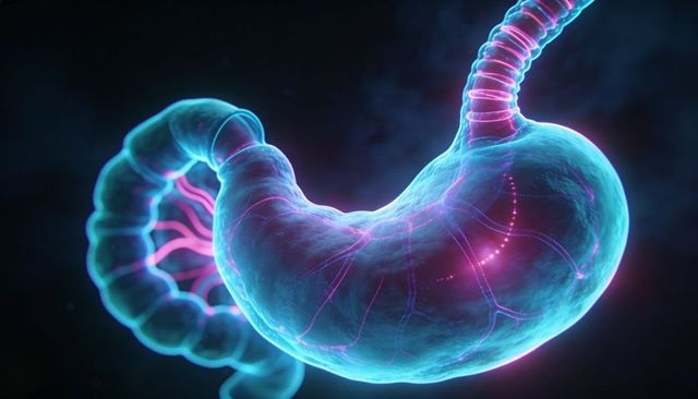 Neon translucent stomach and duodenum with luminescent neural tracings, biomedical 3d render