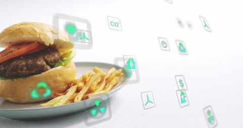 Brioche burger with fries and floating green eco icons representing food sustainability