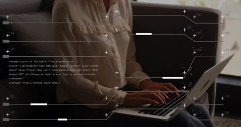 Remote woman typing on laptop at home with data overlays and cozy minimalist workspace