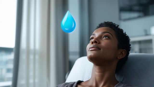 Young black woman reclining and gazing at floating water drop symbol for hydration