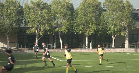 Soccer team in yellow celebrating goal in competitive match