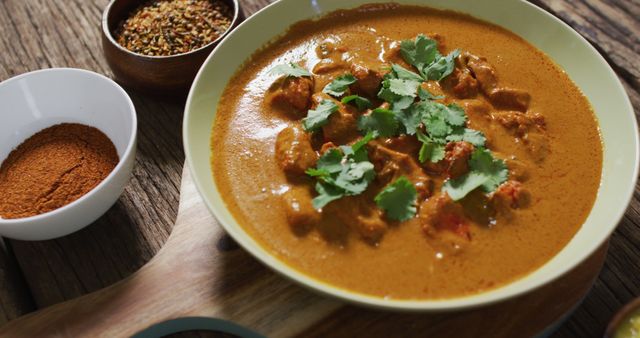 Image showing a bowl of spicy chicken curry garnished with fresh cilantro, accompanied by bowls of various spices on rustic wooden table. Perfect for use in culinary blogs, recipe books, restaurant menus, or advertisements focusing on Indian food, spice blends, or cultural cuisines.