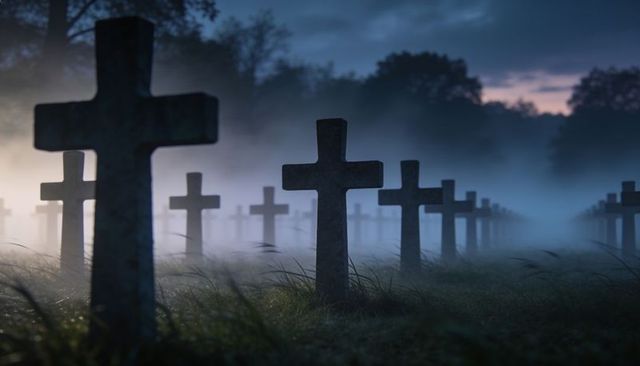Misty dusk military cemetery with rows of weathered stone crosses, fog and silhouette trees