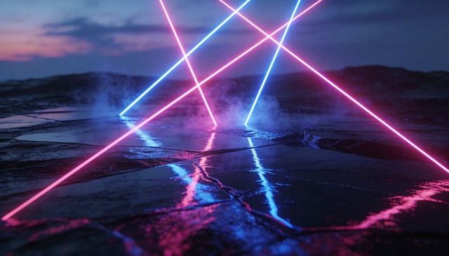 Glowing neon laser beams crossing wet cracked rock at dusk reflecting in puddles with mist