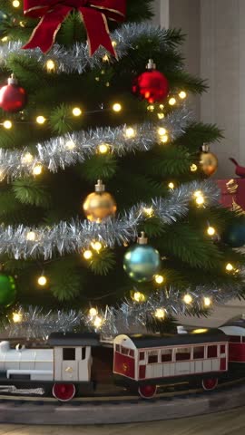 Vintage toy train circling glowing Christmas tree base with blinking lights vertical video