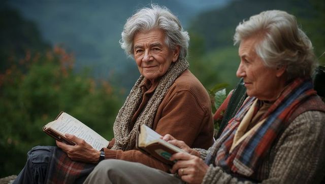 Senior Women Reading Journals on Misty Hillside Bench Sharing Quiet Companionship