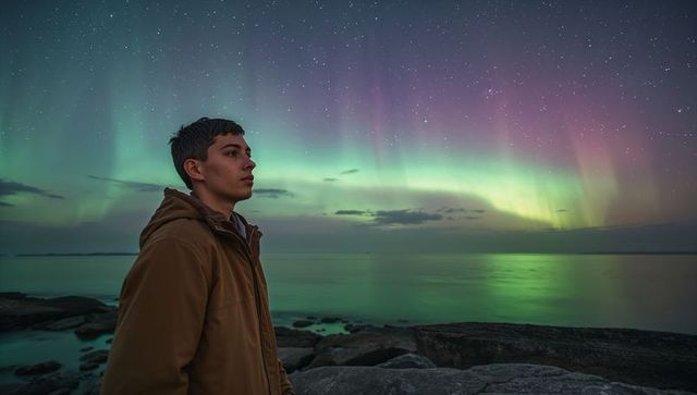 Man gazing at northern lights over rocky shoreline with calm water reflection in solitude
