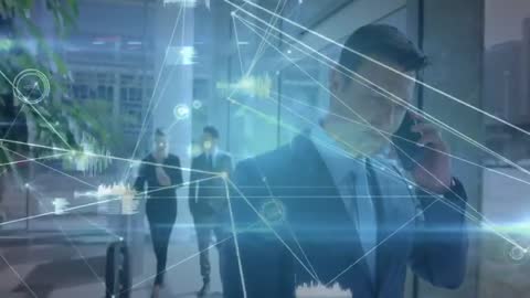 Business Professionals Surrounded by Digital Network Graphics