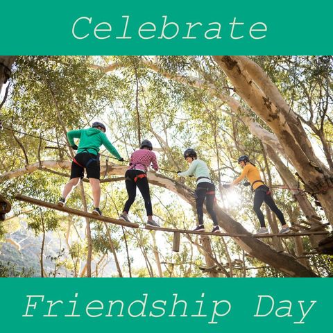 Friends celebrating friendship holiday in outdoor rope course