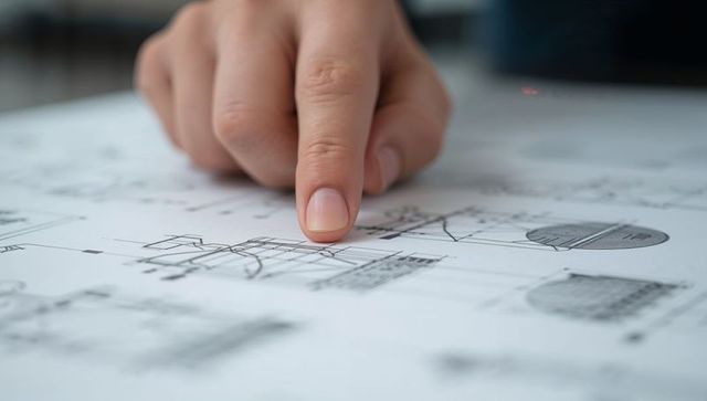 Pointing index finger marking blueprint with architectural drafting and schematic details