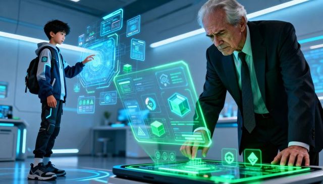 Senior mentor guiding young student with holographic lab interface and ai tech