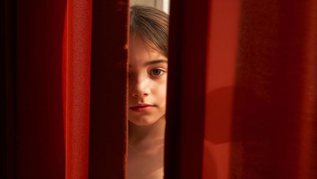 Preteen girl peeking through narrow red velvet curtains, warm cinematic portrait