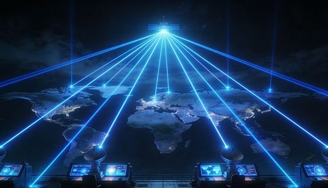 Orbital satellite beaming global data streams over illuminated world map control consoles