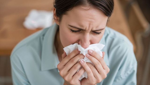 Woman blowing nose with tissue at dining table