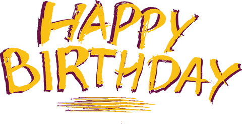 Festive yellow and purple happy birthday text on transparent background