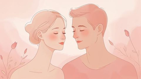 Romantic cute couple embracing surrounded by delicate blossoms