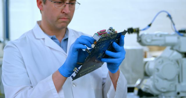 Robotic engineer examine circuit board. Robotic engineer holding circuit board 4k