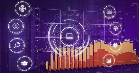 Futuristic data analytics dashboard showing 3d bar chart hud with laptop interface