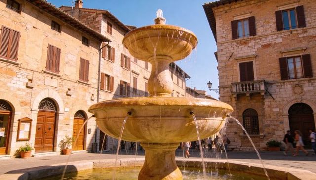 Sunlit tuscan square with tiered fountain spouting water, stone facades, summer tourists