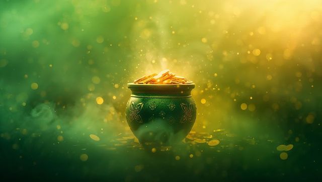 Glowing emerald cauldron overflowing with gold coins and magical sparkles